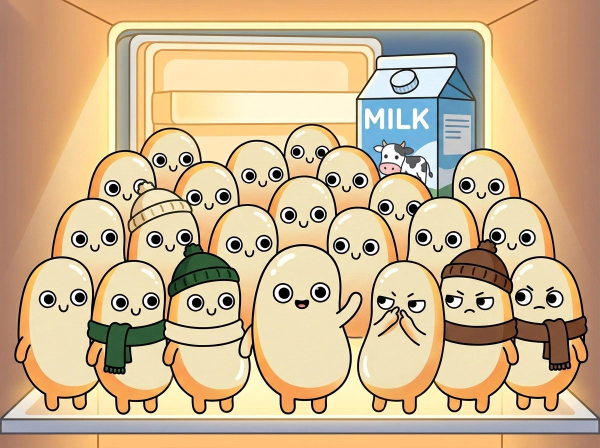 A crowd of cute cartoon probiotic bugs in scarves and beanies huddled in a fridge.