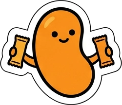 Mango bean character holding two Good Bugs bars