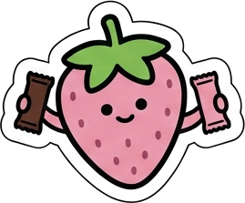 Strawberry character holding two Good Bugs bars