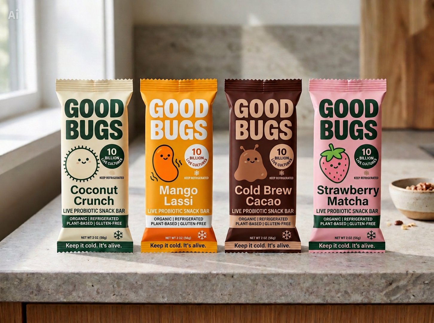Four Good Bugs wrappers on a kitchen counter: Coconut Crunch, Mango Lassi, Cold Brew Cacao and Strawberry Matcha